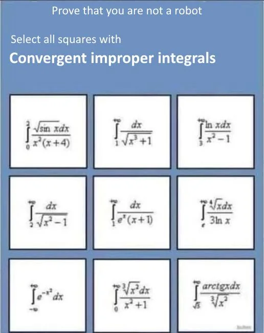 Prove that you are not a robot: select all squares with Convergent improper integrals