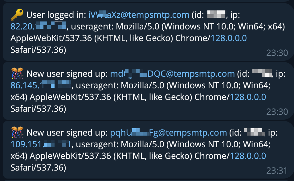 "New user signed up" logs screenshot